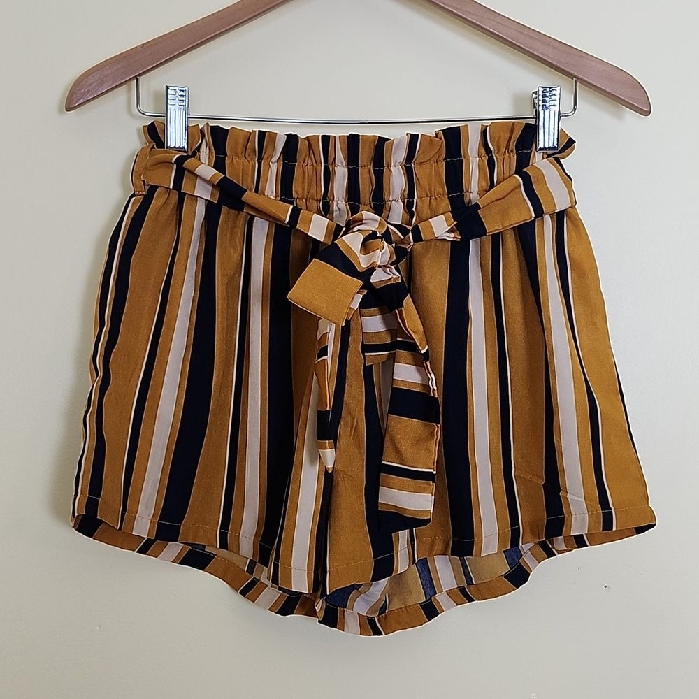 Shein Women's High Waist, Belt w/Loops Dress Gold, Navy & Cream Stripe Shorts
